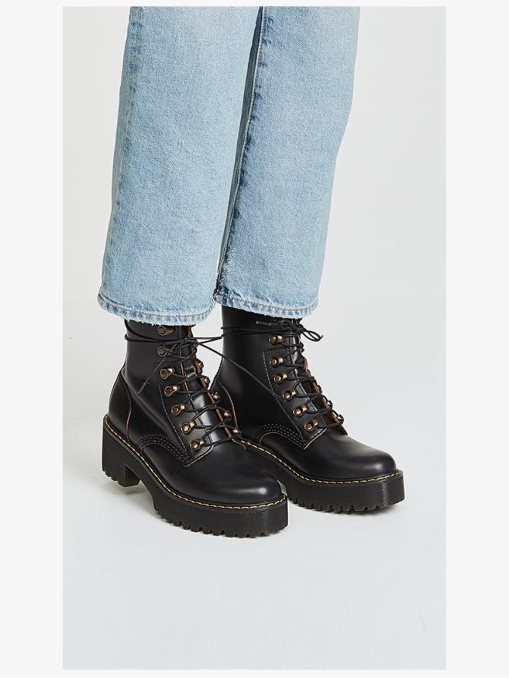 Dr. Martens Leona Vintage Smooth Black Lace-Up Platform with Yellow Stitching - Picture 2 of 9